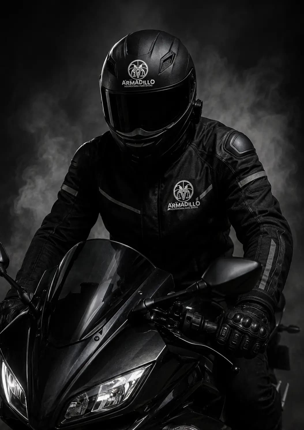 Motociclista con casco y chompa Armadillo Moto EC sobre su motocicleta